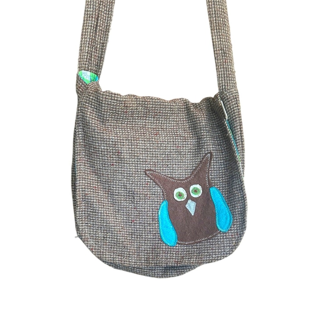 Sew ACCORDingly Brown Tweed Owl Applique Crossbody Messenger Bag Boho Woodland